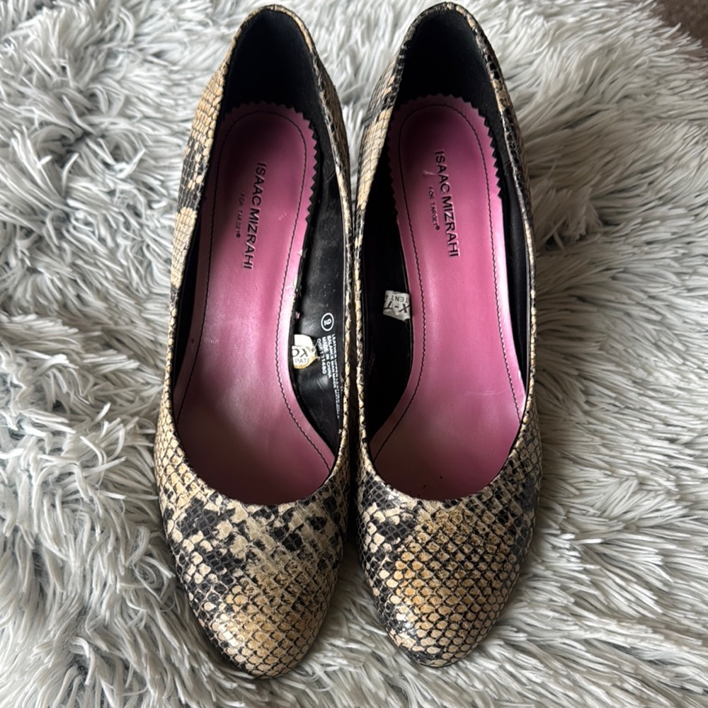 Isaac Mizrahi Tan and Black Heels with Snakeskin Print